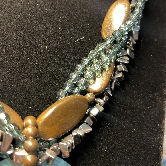 Hematite, Glass, Wood Multi-Strand Necklace Mother of Pearl Shell Pendant - Picture 3 of 6